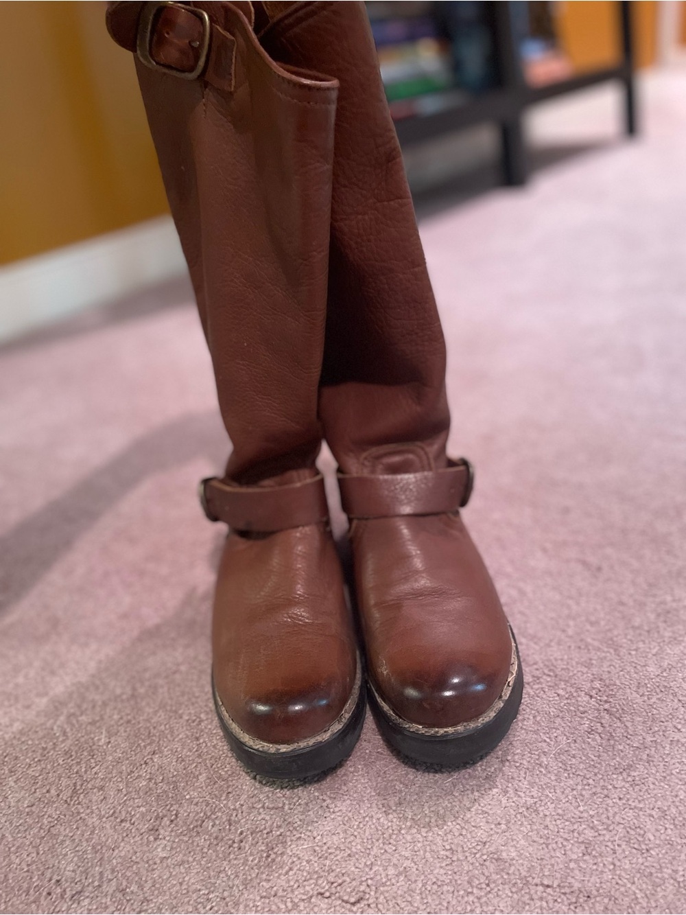 Frye Brown Leather Mid-Calf Buckle Heeled Boots - Picture 2 of 6